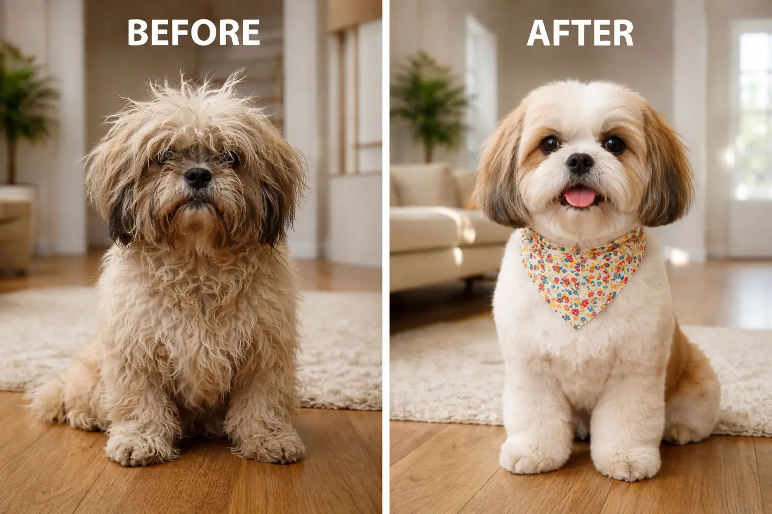 Before and after dog grooming comparison at home in Noida and Delhi NCR